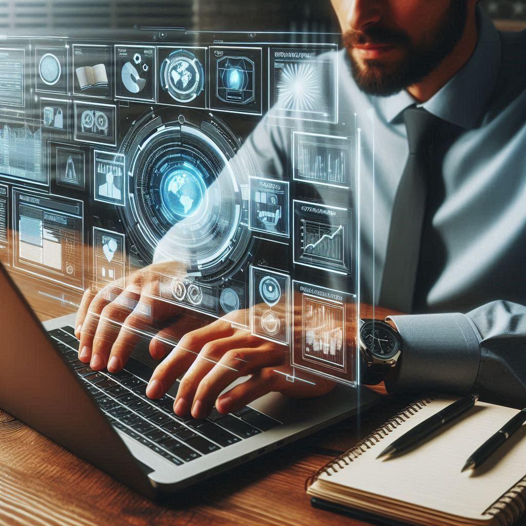 assistente digitale che digita su un pc portatile con vari ologrammi