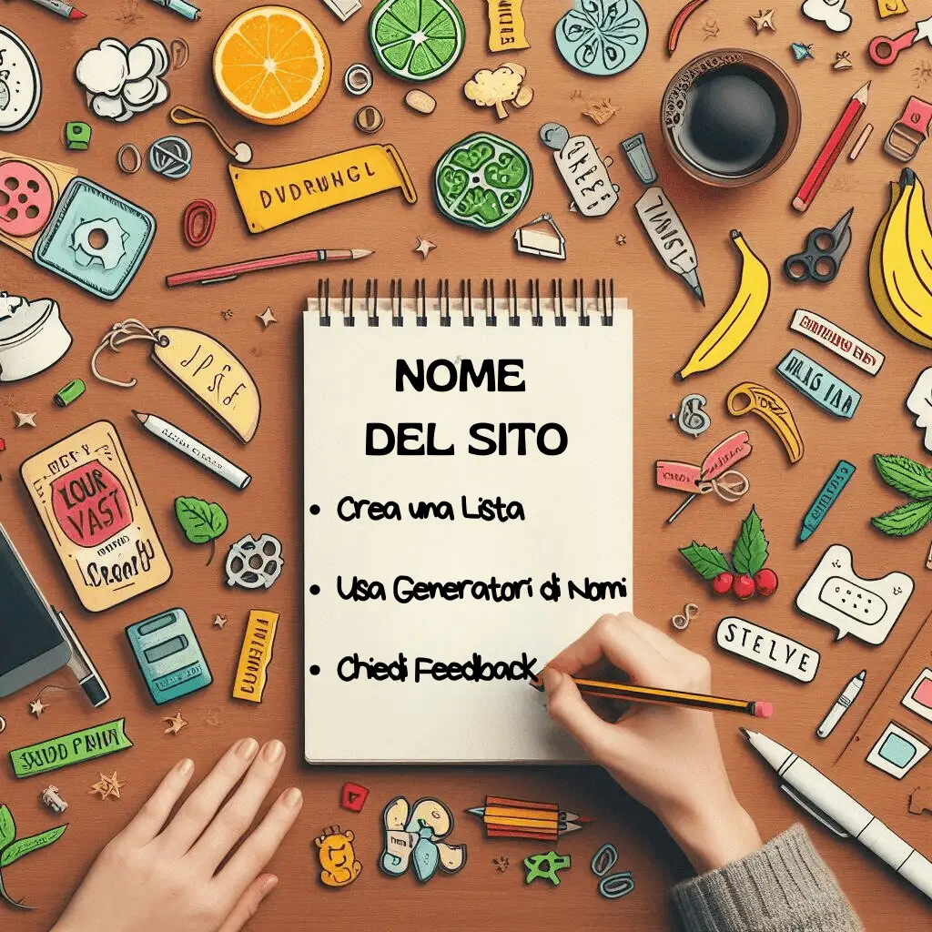 mano che scrive su un block notes i consigli su quale nome del sito scegliere: crea una lista, usa generatori di nomi e chiedi feedback