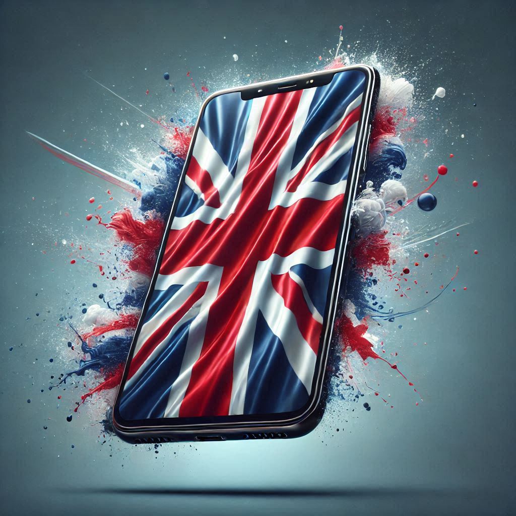 smartphone con bandiera del regno unito, oramai le parole inglesi sono molto usate nel glossario social