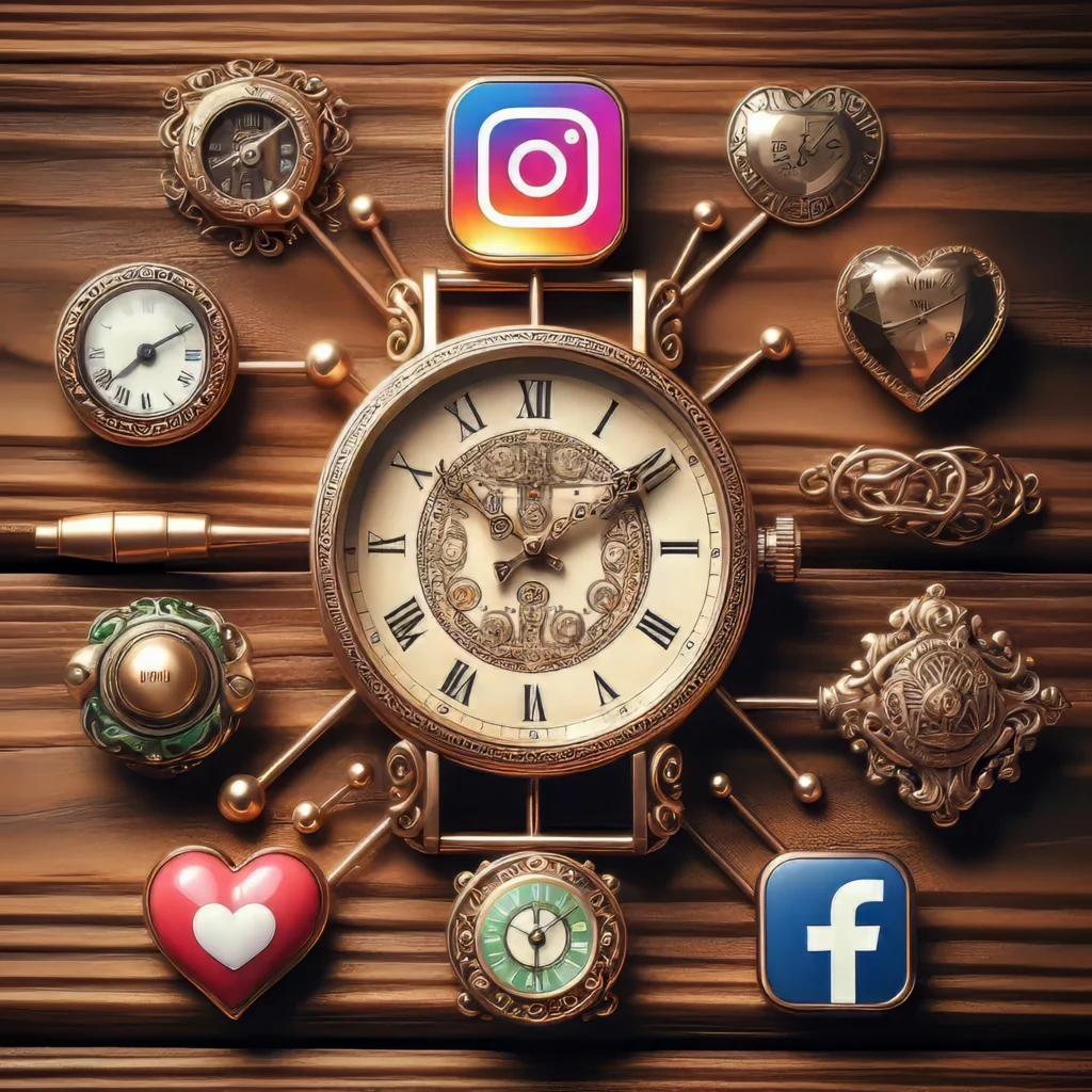 orologio con alcuni simboli social, simbolo di giorni e orari in cui pubblicare sui social
